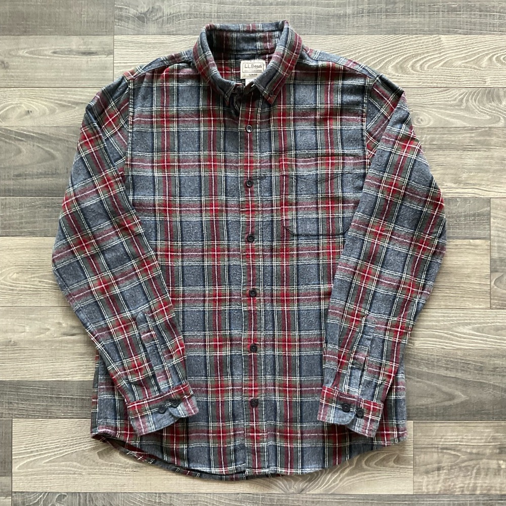 LL Bean Scotch Plaid Flannel Shirt Men’s MEDIUM Slim Fit Grey Black Red 510590
